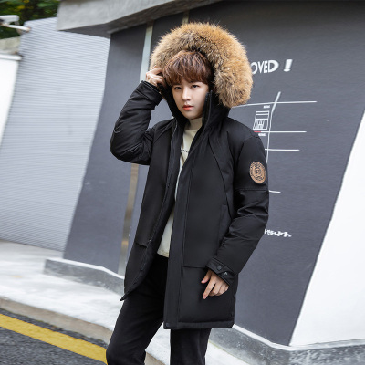 潮牌连帽冬季中长款白鸭绒羽绒服