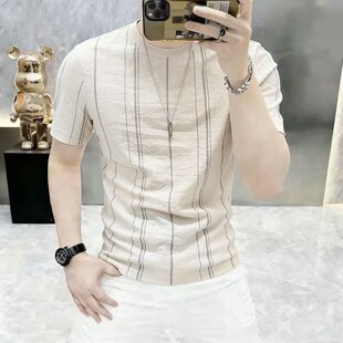 半袖 2026夏季 上衣潮T 弹力紧身衣圆领时尚 T恤男修身 新款 竖条纹短袖