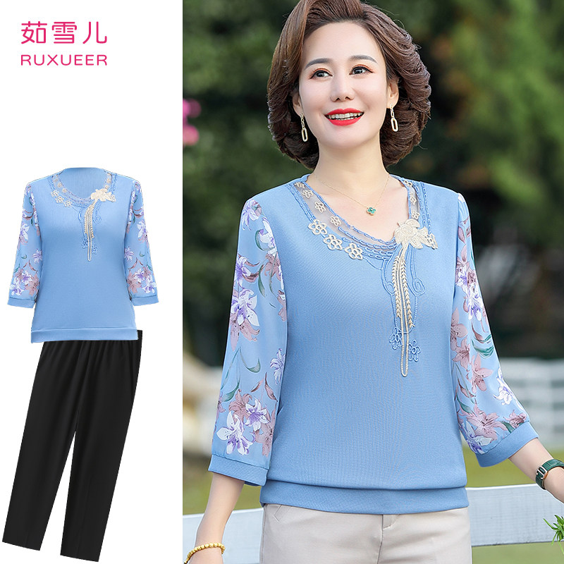 中老年夏装洋气小衫女2022新款40岁50妈妈夏季中袖雪纺衫上衣套装