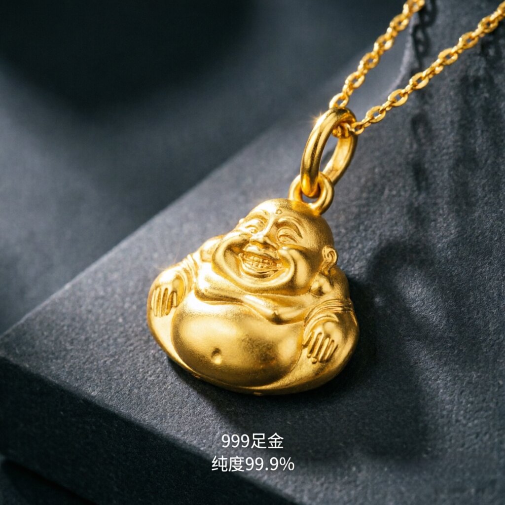 黄金项链女9999足金硬金双面大肚佛吊坠弥勒佛项链送女友妈妈老婆
