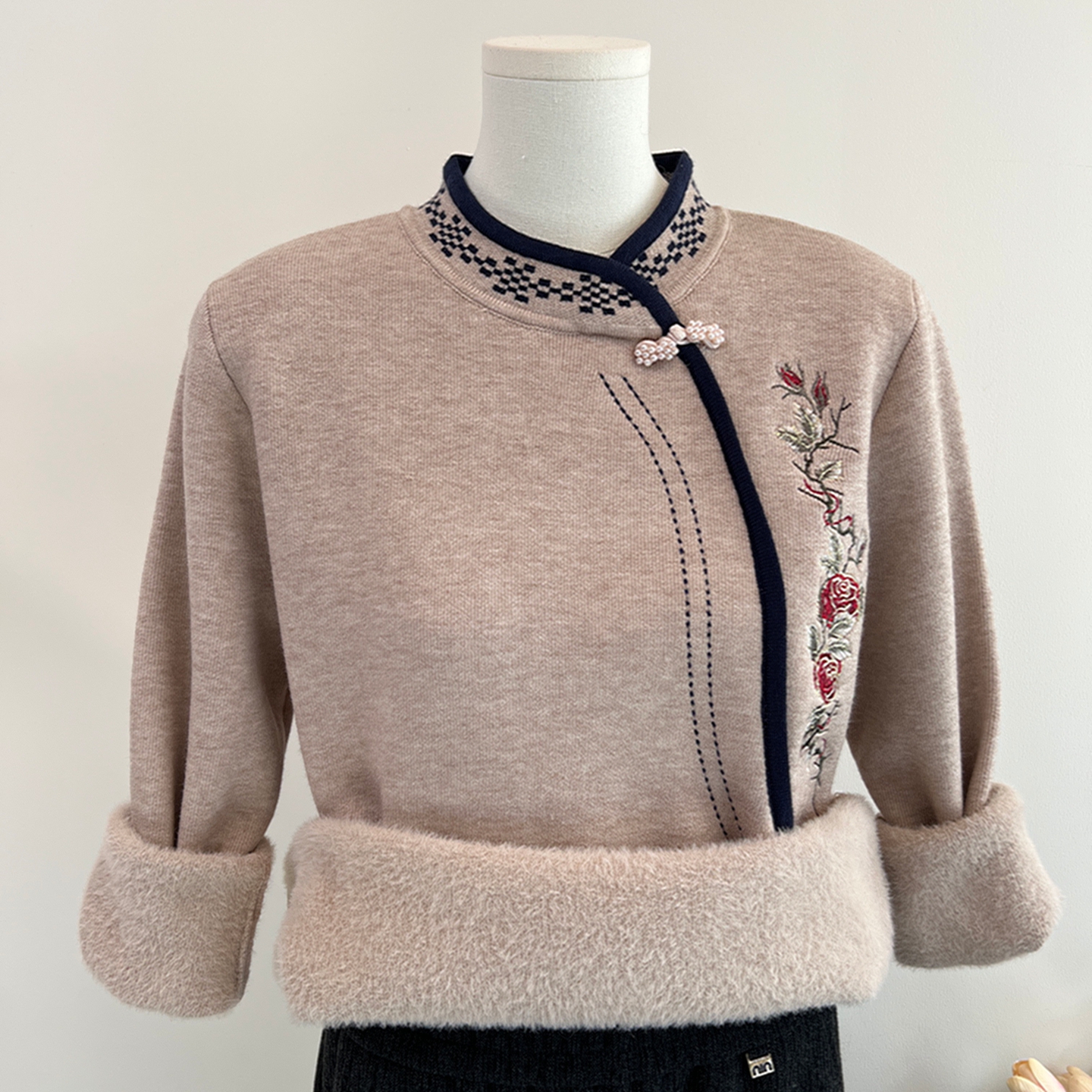 中式国风妈妈装秋冬加绒加厚毛衣