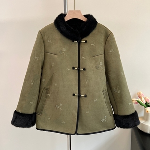 高贵妈妈秋冬皮毛一体外套老年人加绒保暖上衣女奶奶冬装 毛领大衣