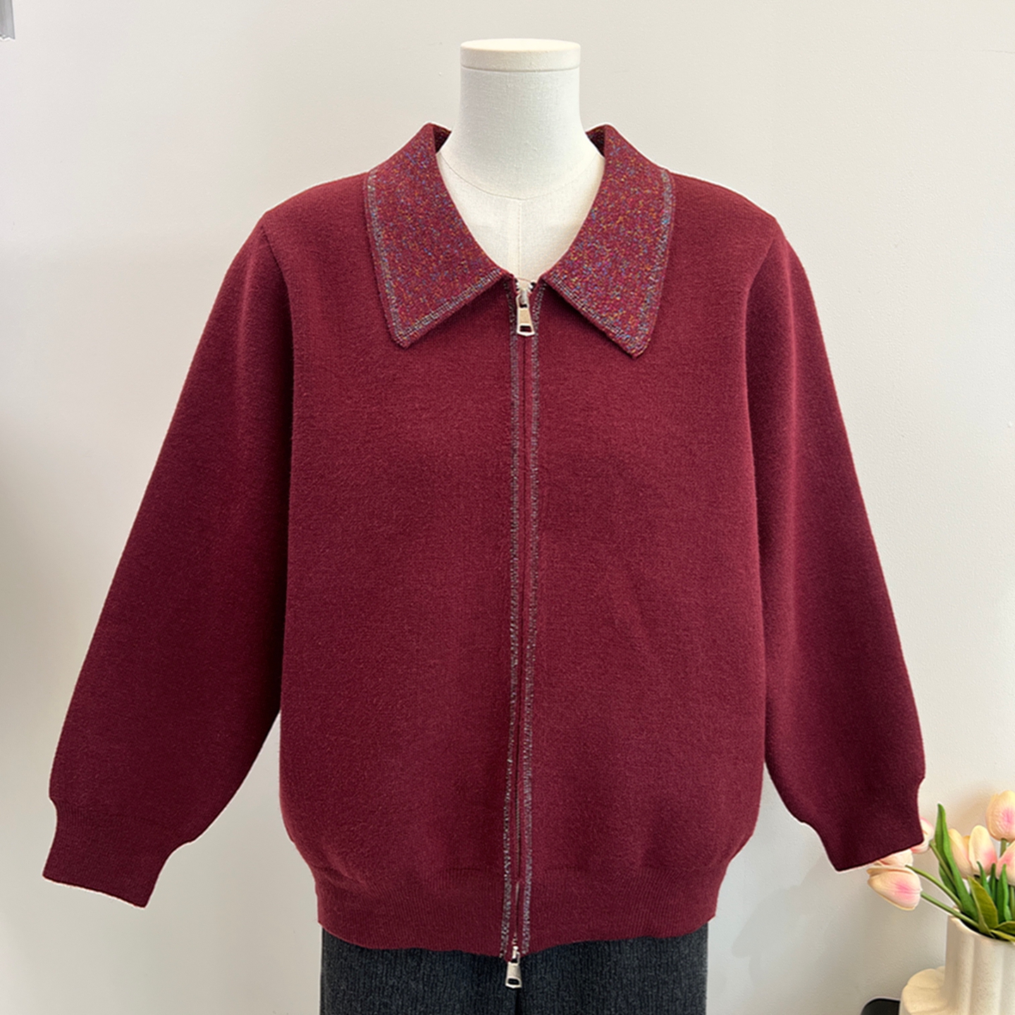 妈妈装拉链针织开衫加绒保暖外套