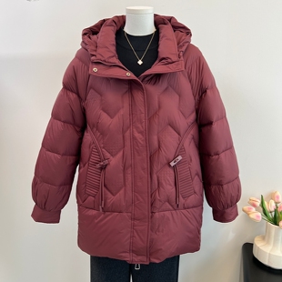 白鸭绒外套 羽绒服女洋气连帽上衣中老年人新款 洋气妈妈冬装 中长款