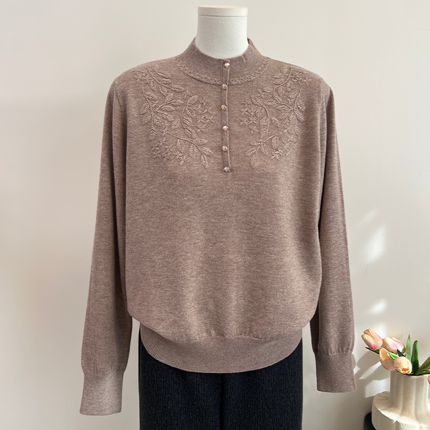 纯羊毛打底衫秋冬妈妈半高领毛衣