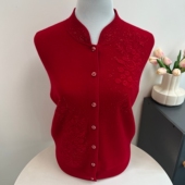 100%纯羊毛衫 中老年人女毛衣外套秋冬针织开衫 妈妈绣花立领上衣服