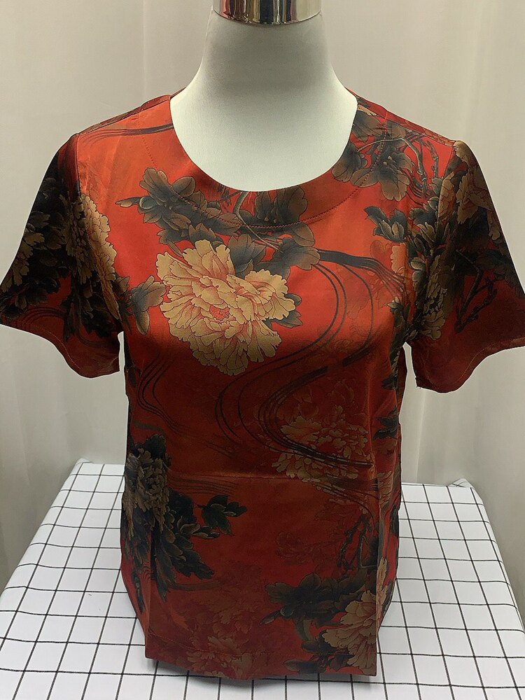 中老年女装真丝上衣2022夏装新款花色短袖T恤衫妈妈装圆领桑蚕丝