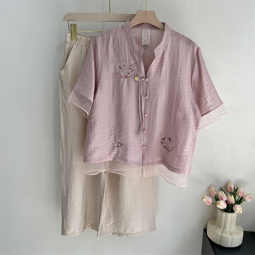 妈妈夏装仿棉麻衬衫上衣两件套