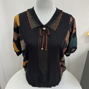 桑蠶絲T恤女寬松時尚 洋氣媽媽大碼 娃娃領(lǐng)針織冰絲拼接雪紡遮肚子