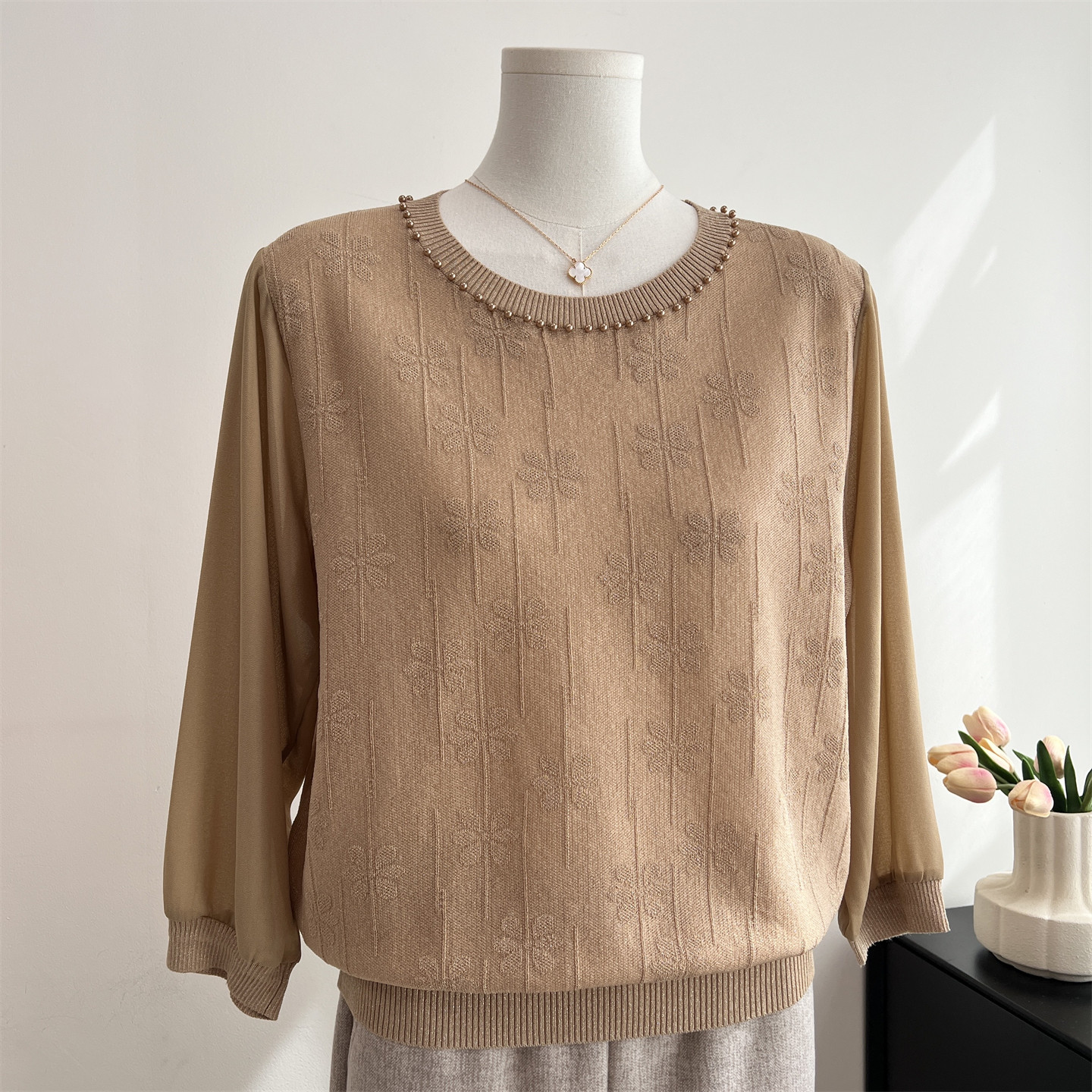 妈妈春装纱袖薄款针织打底衫洋气中老年女装春夏气质圆领宽松上衣