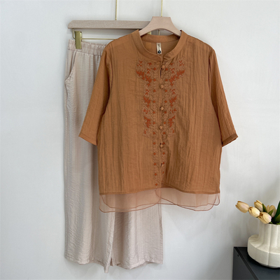 妈妈夏装仿棉麻套装短袖上衣
