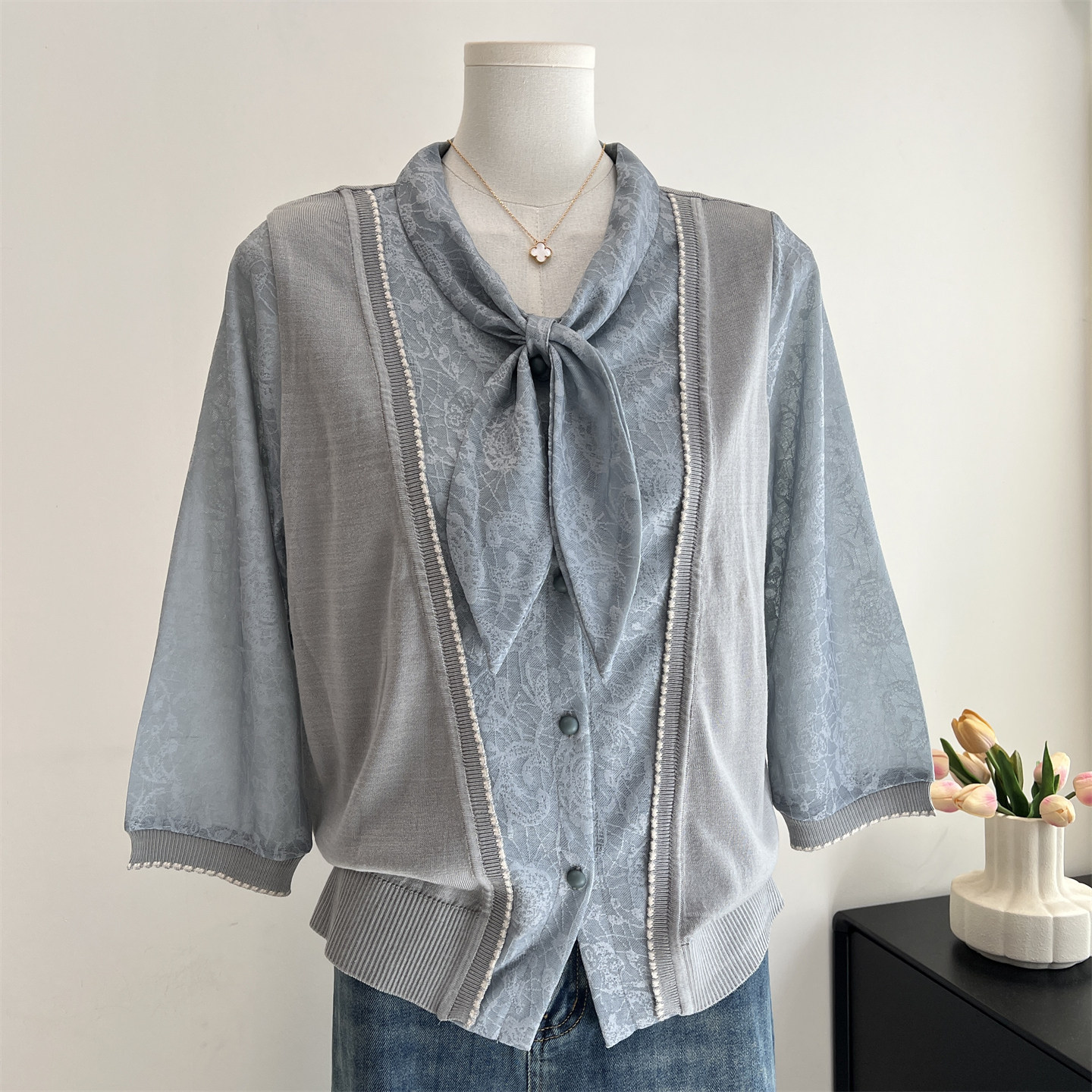 时尚妈妈春装假两件针织拼接上衣服2026新款中老年女装洋气T恤衫