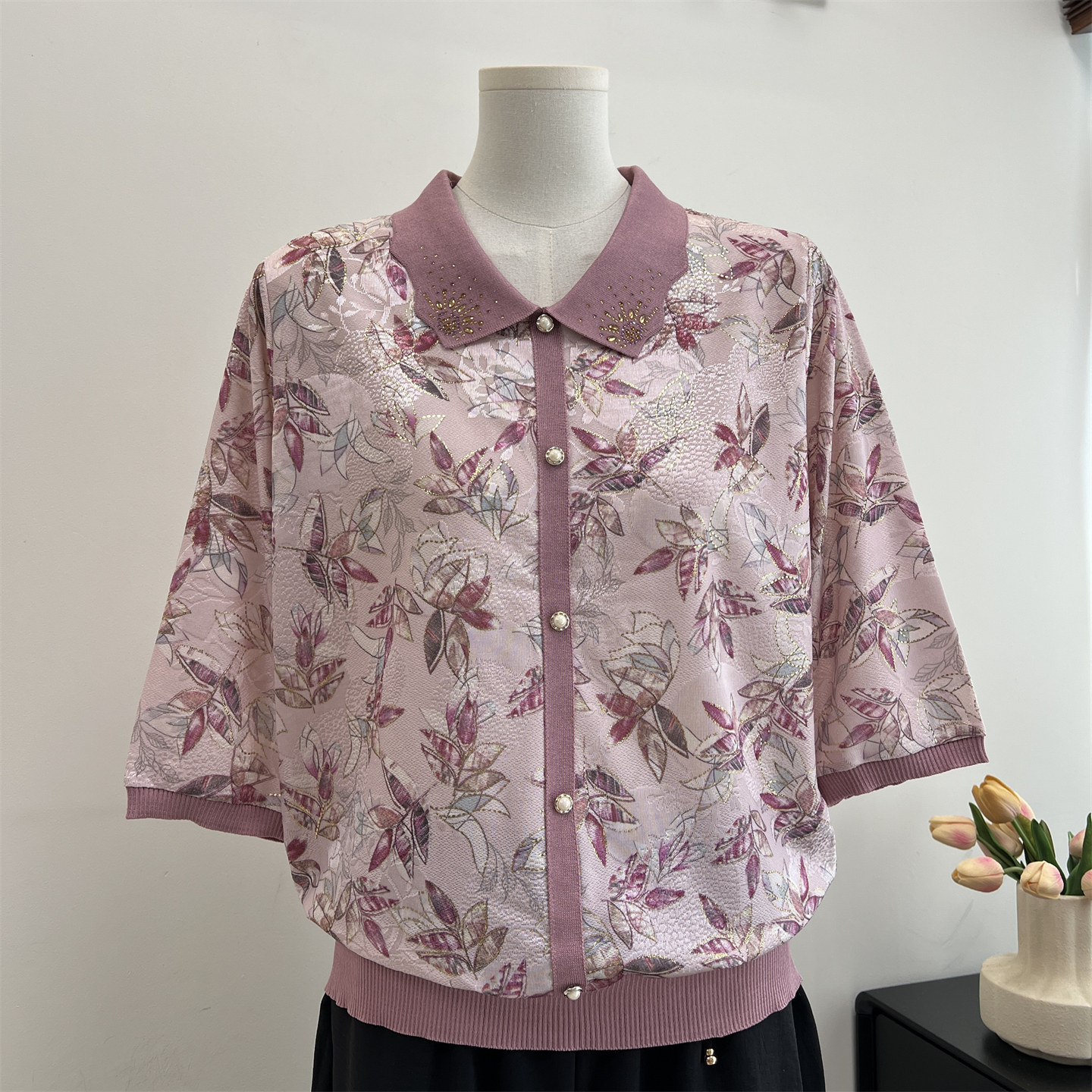 中老年女装妈妈春装翻领上衣2026新款夏季奶奶宽松薄针织小衫T恤