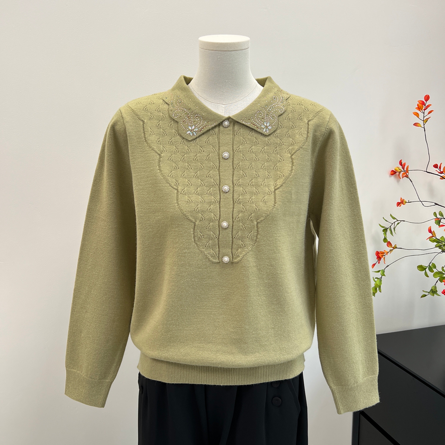 妈妈秋装针织上衣翻领打底衫