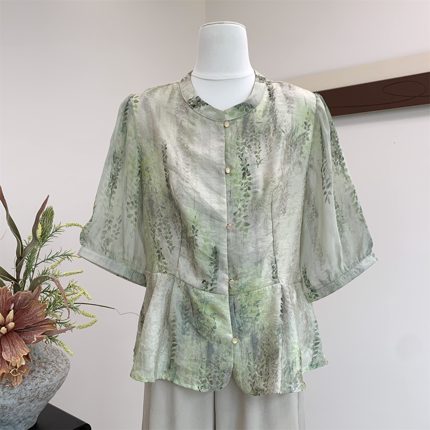 妈妈夏装端庄大气雪纺短袖衬衫