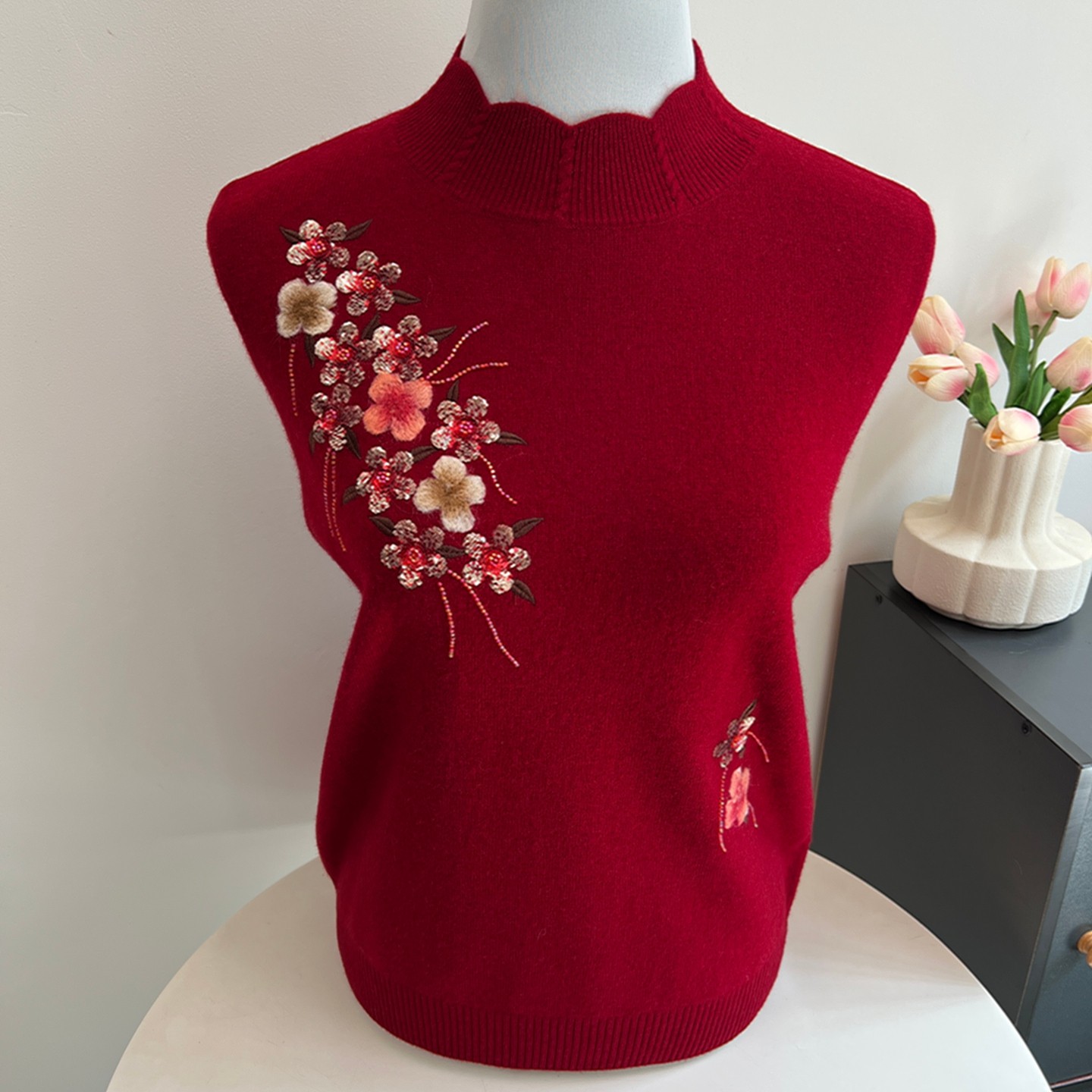 100%纯羊毛衫奶奶冬装红色毛衣中老年人女妈妈秋冬新款针织打底衫