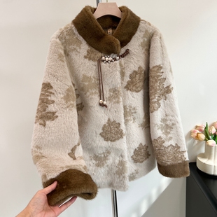 洋气奶奶冬装 水貂绒上衣 国风皮毛一体外套女仿皮草大衣中老年冬装