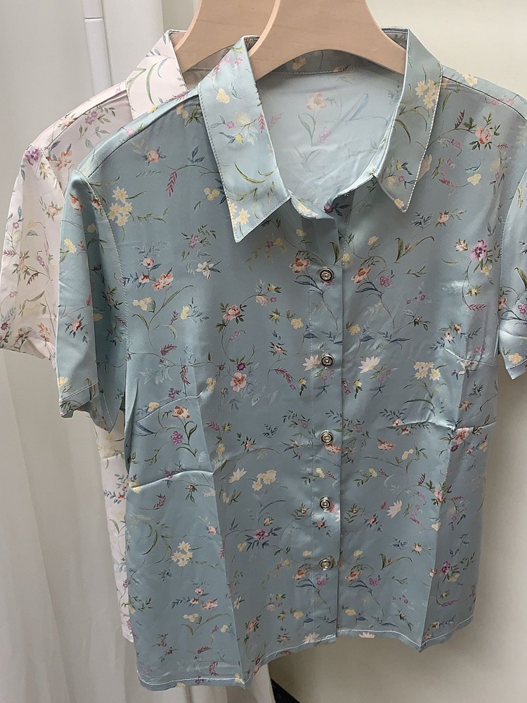 短袖单排扣真丝洋气衬衫真丝上衣