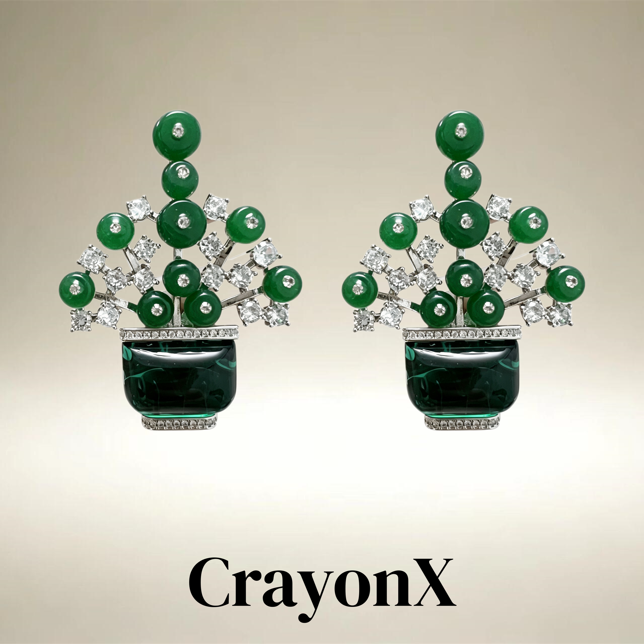CrayonX国风绿玉髓水钻花朵耳环