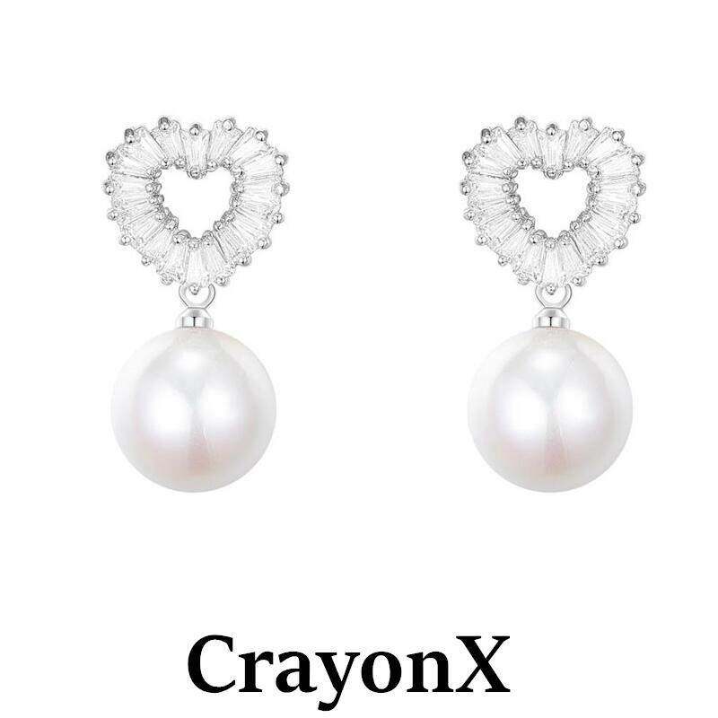 CrayonX银色心形珍珠耳环