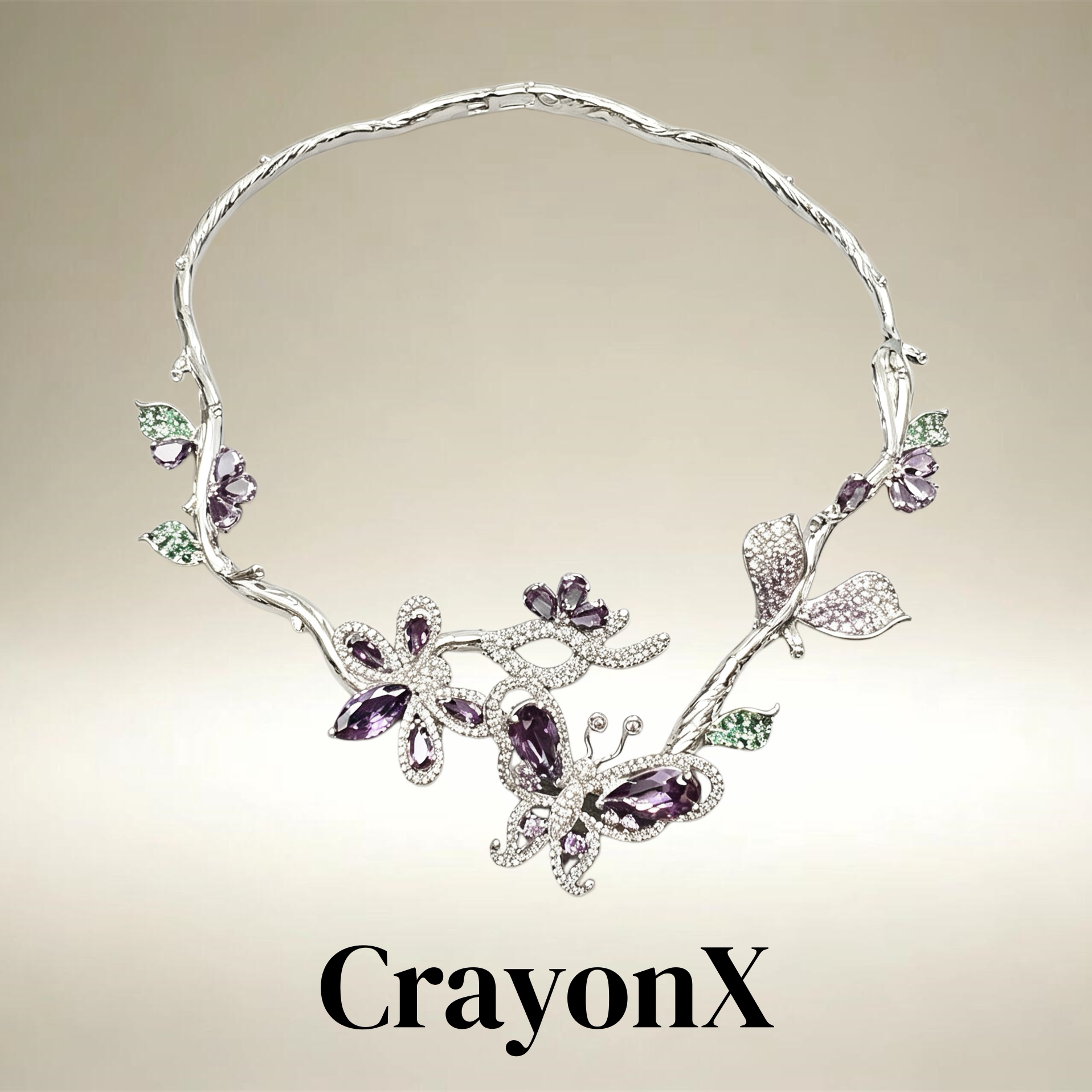 CrayonX紫锆石蝴蝶绿叶颈链