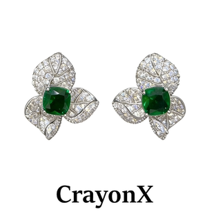 CrayonX玉兰花 祖母绿立体花朵耳钉女925银针重工轻奢气质耳环