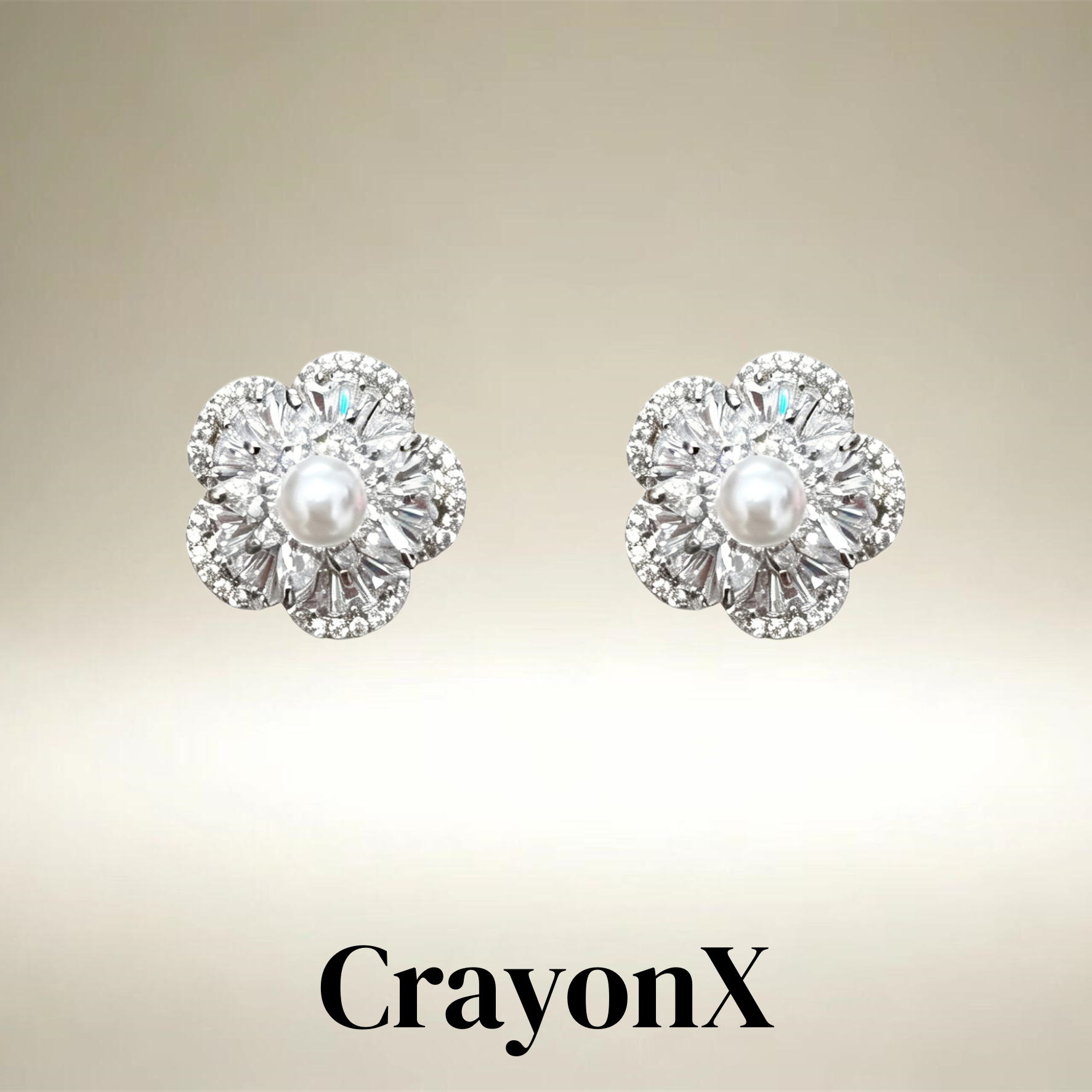 CrayonX锆石五瓣花珍珠耳钉