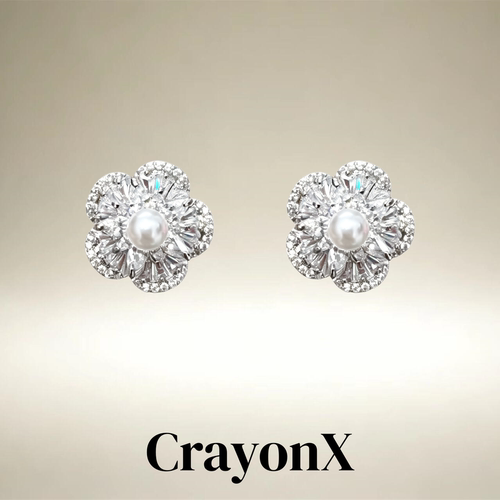 CrayonX锆石五瓣花珍珠耳钉