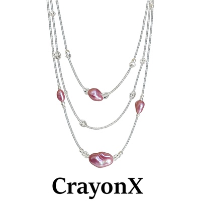 CrayonX粉色珍珠多层叠戴锁骨链