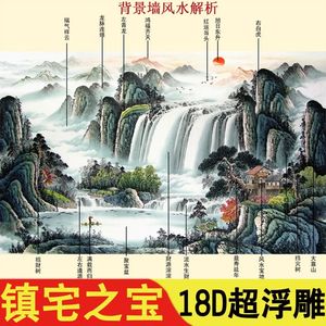 聚宝盆山水中式立体电视背景墙壁纸壁画影视墙纸山水风景墙画A3D5
