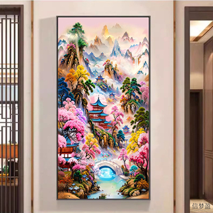 人间仙境5d钻石画满钻新款客厅2025点钻十字绣钻石绣古风竖版玄关