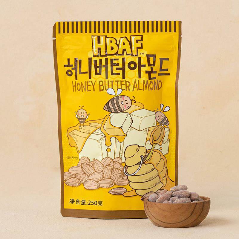 韩国进口HB仁AF芭蜂蜜奶油扁桃农仁25BYH0g汤姆场杏干 干蜂果坚果
