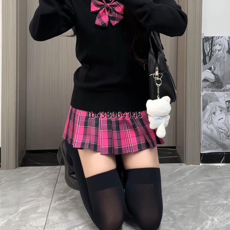 肥猫jk原创 正品格裙辣妹半身裙学院风玫红百褶裙短裙