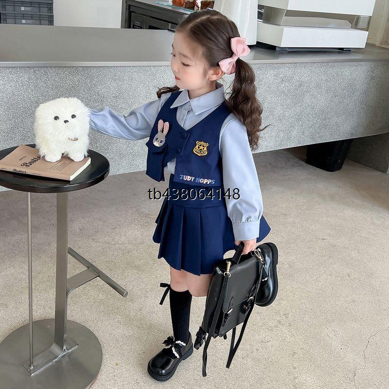 女童秋款百褶裙jk三件套学院套装2025儿童装宝宝新款兔子衬衫警官