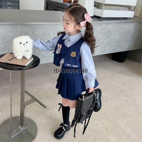 女童秋款百褶裙jk三件套学院套装2025儿童装宝宝新款兔子衬衫警官