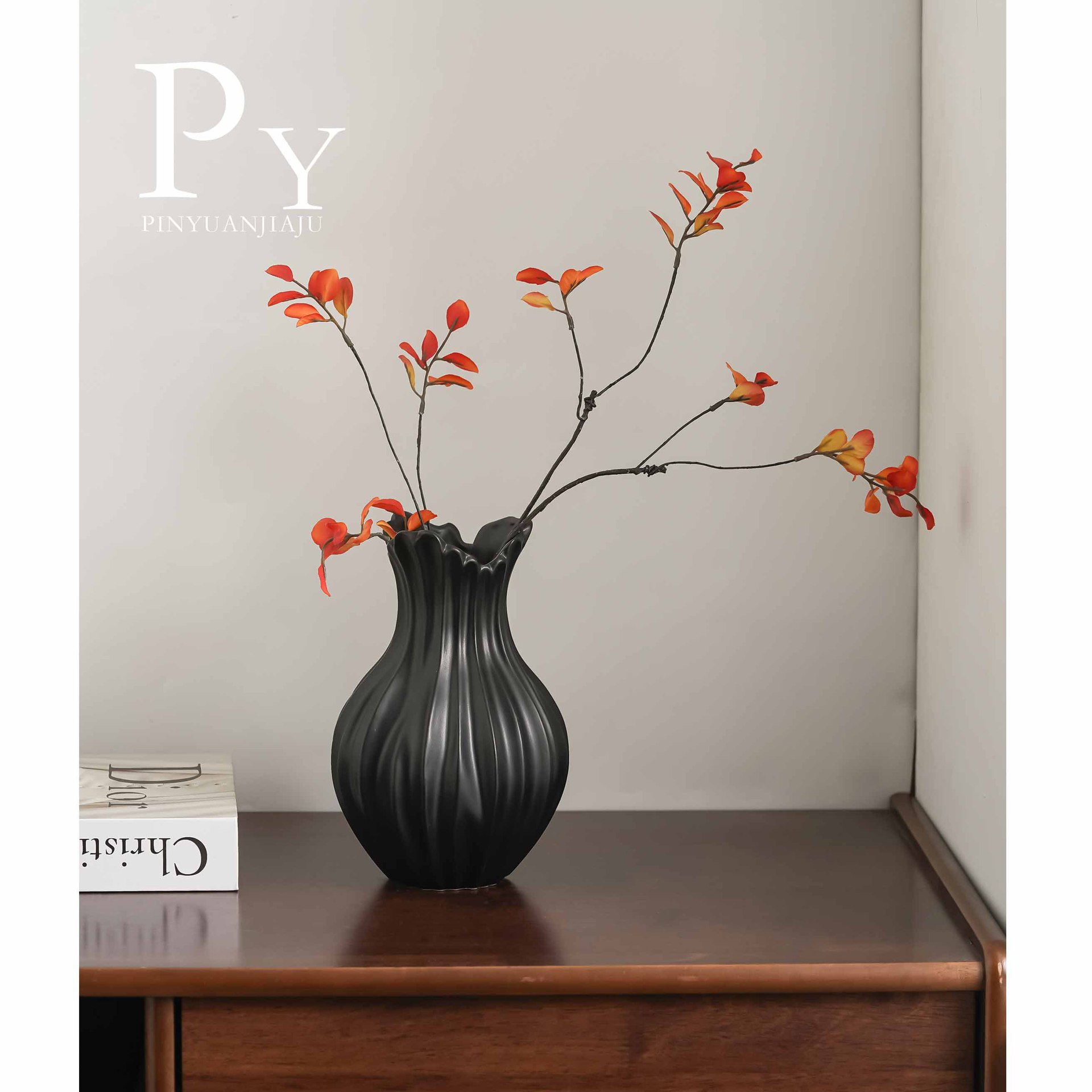 定制现代简约复古侘寂扇子花瓶仿真花个性高颜值陶瓷艺术装饰品