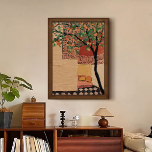 饰画 肌理感纯手绘油画中古风景客厅挂画过道玄关装 柿子树
