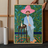 美国小众粉红帽子西部人物高级感文艺装 饰画复古创意油画客厅挂画