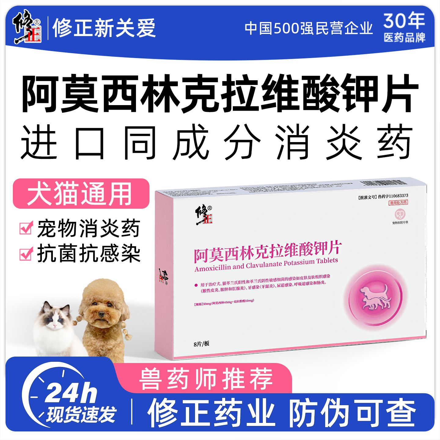 修正新关爱阿莫西林克拉维酸钾片宠物抗菌消炎药狗狗猫咪感冒药