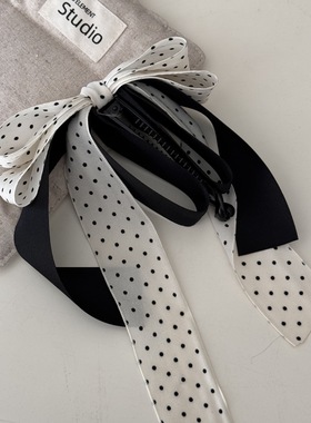 新款韩版灰色波点蝴蝶结发夹高级感气质马尾抓发饰显发量发夹头饰