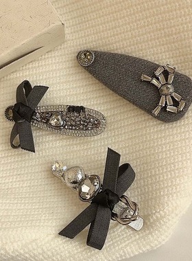 格雷时尚气质水钻灰色蝴蝶结发夹网红侧边发卡刘海夹BB夹鸭嘴夹女