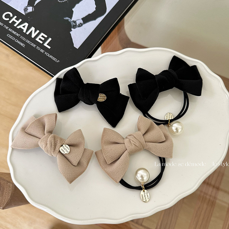 布艺基础蝴蝶结皮筋优雅经典马尾发绳珍珠吊坠双层发夹发饰新款