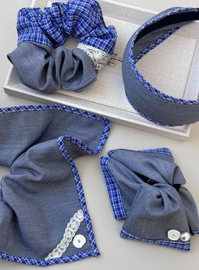 甜美少女复古蓝格纹大号灰色发圈级感蕾丝方巾马尾头绳发箍头箍发