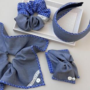 甜美少女复古蓝格纹大号灰色发圈级感蕾丝方巾马尾头绳发箍头箍发