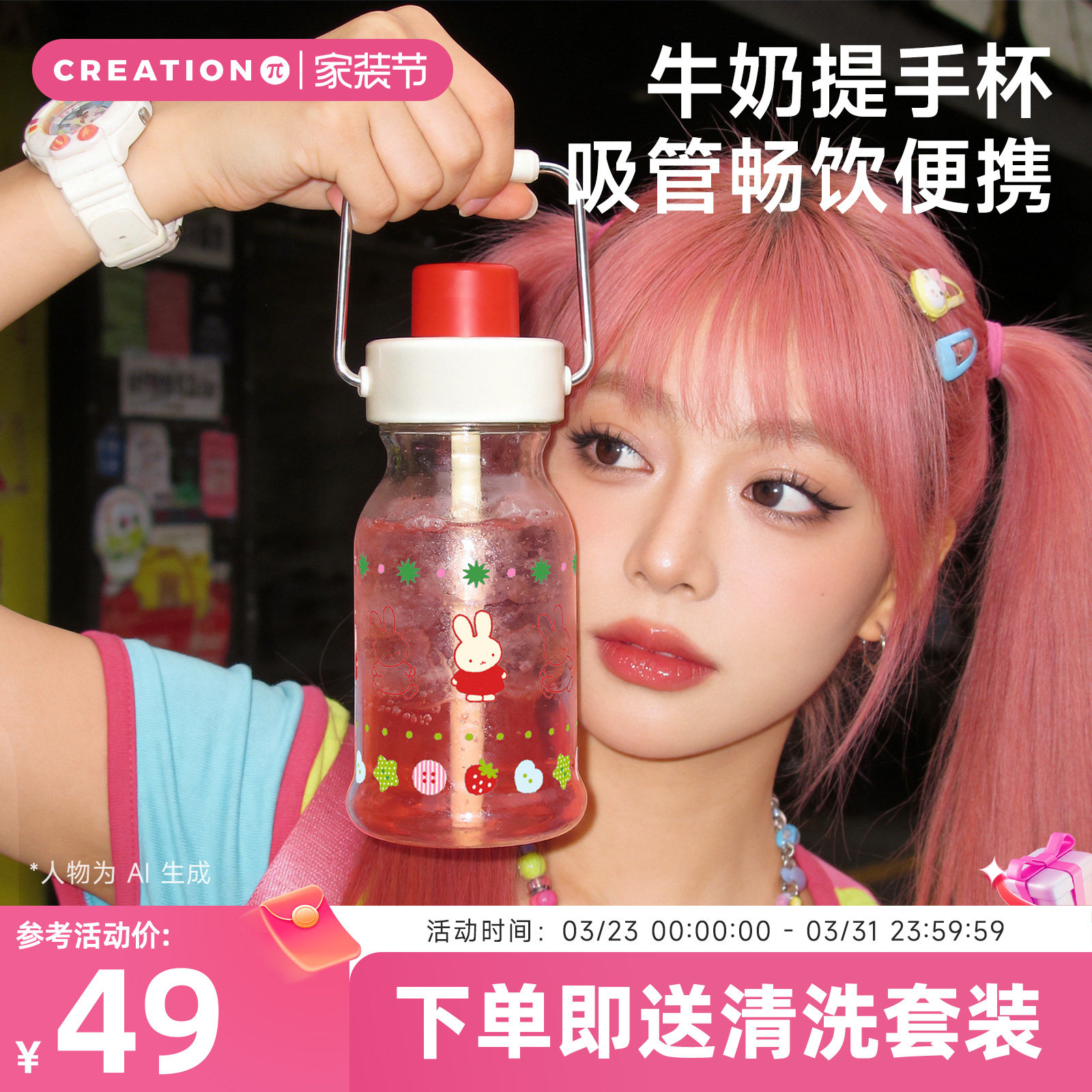 万兀玻璃杯女生高颜值高硼硅耐高温吸管水杯夏日便携咖啡手提杯子