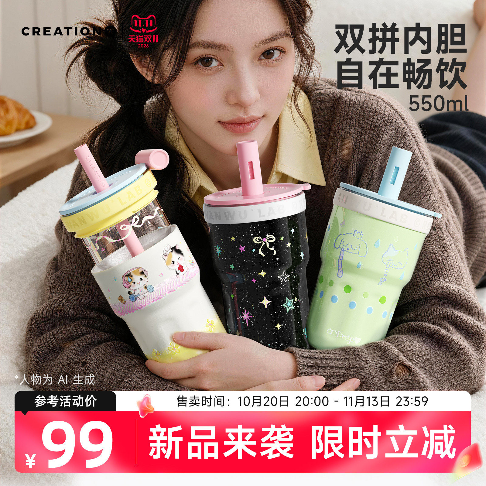 万兀秋冬水杯大容量玻璃内胆保温杯女生高颜值车载吸管杯2026新款