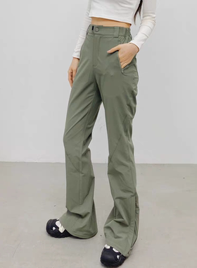 运动通勤户外登山防水休闲裤女军绿色高腰显瘦徒步微喇裤冲锋长裤