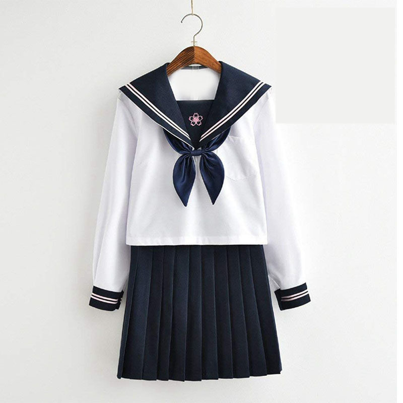 蓝色金鱼结樱花白色水手服长袖jk制服蓝色裙子全套cosplay服装
