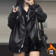 美拉德黑色PU皮衣外套女2024新款 秋冬美式 复古棉服夹棉宽松皮夹克