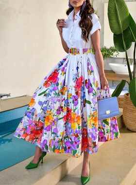 Floral Print Ruched Buttoned Shirt Dress下摆花卉收腰衬衫长裙